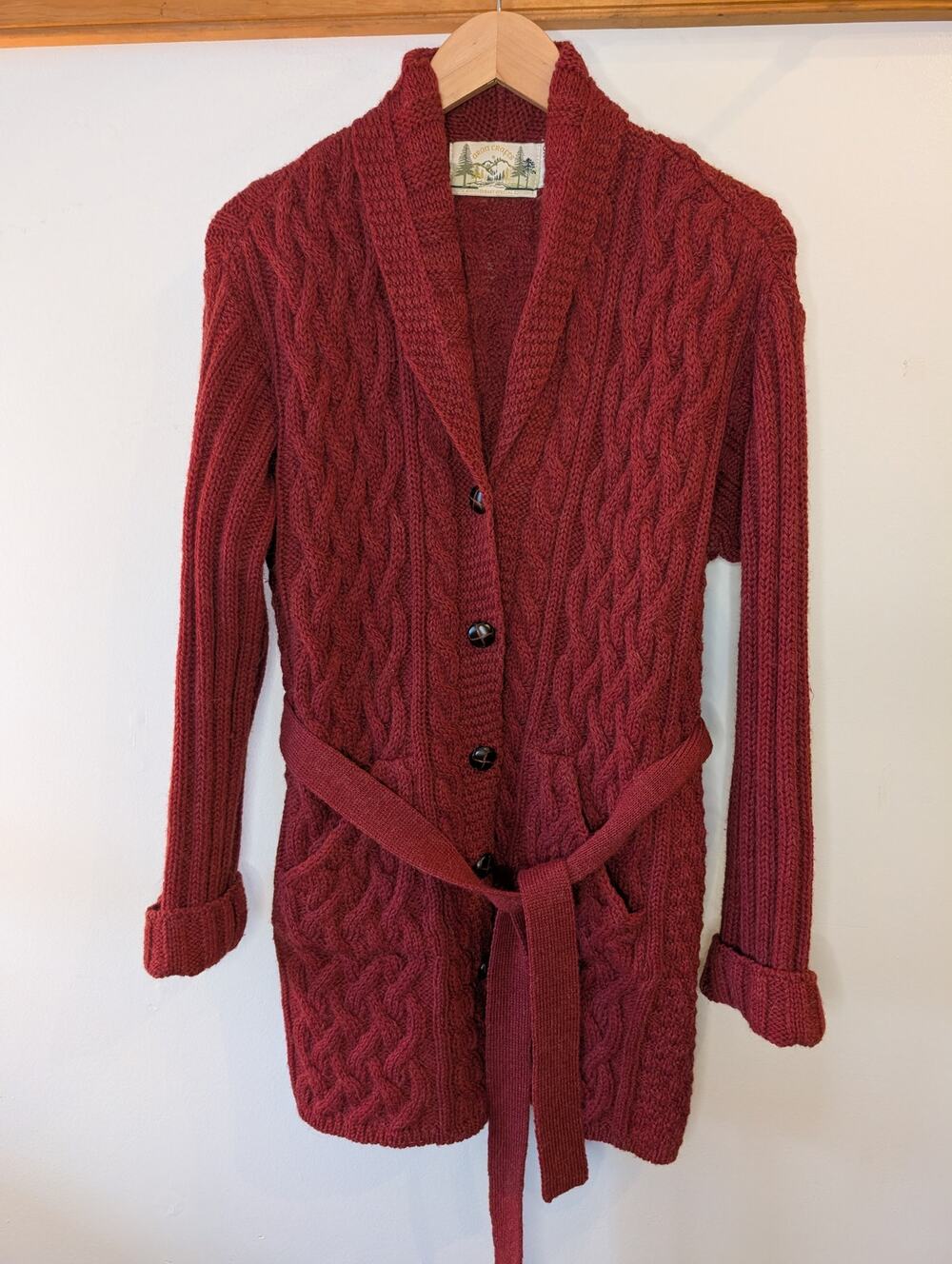 Aran Crafts Ireland Burgundy Cable Knit Belted Cardigan Made in Ireland XS